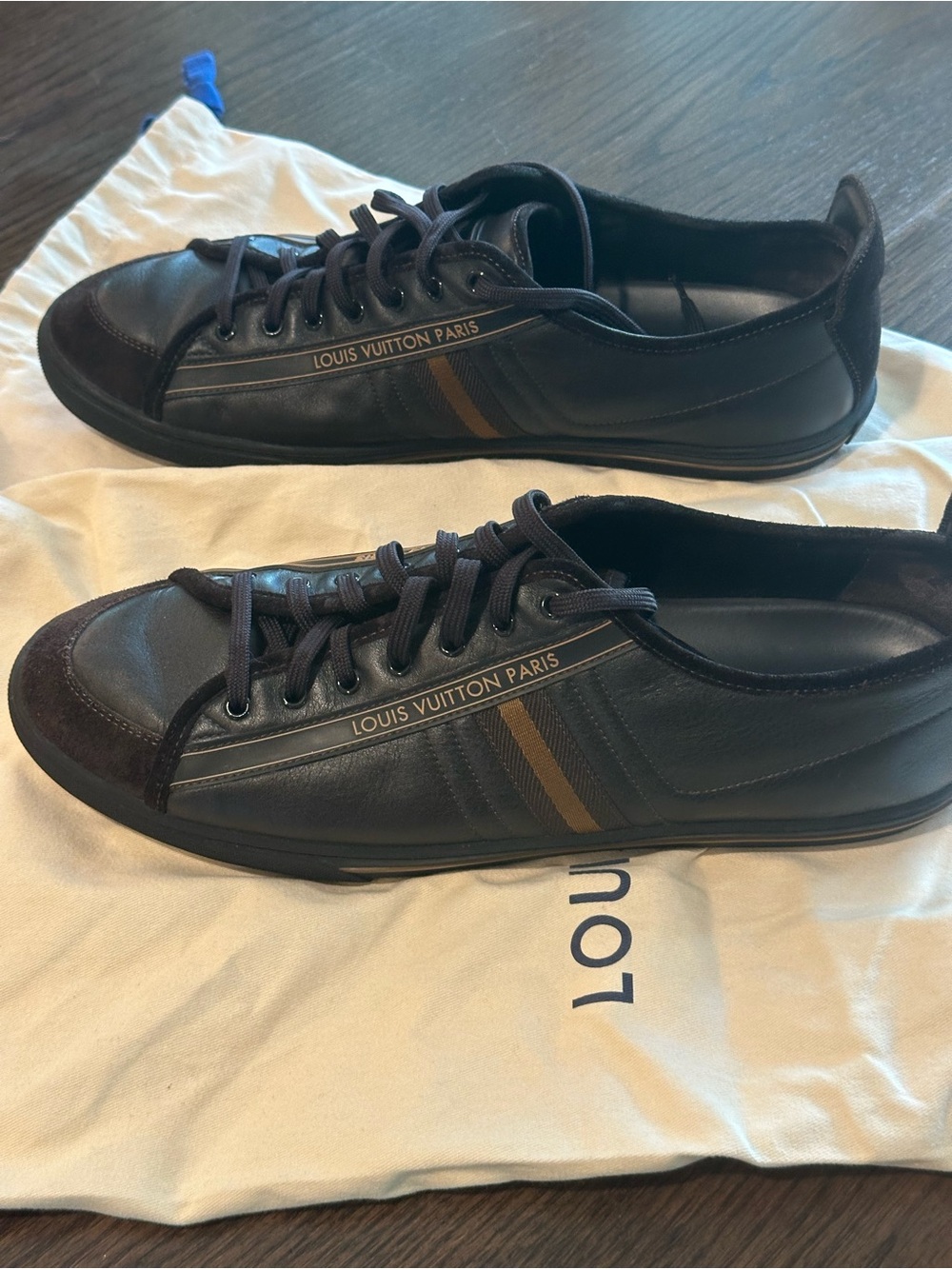 Louis Vuitton Men’s Brown Leather Low-Top Sneakers with Tan Stripe